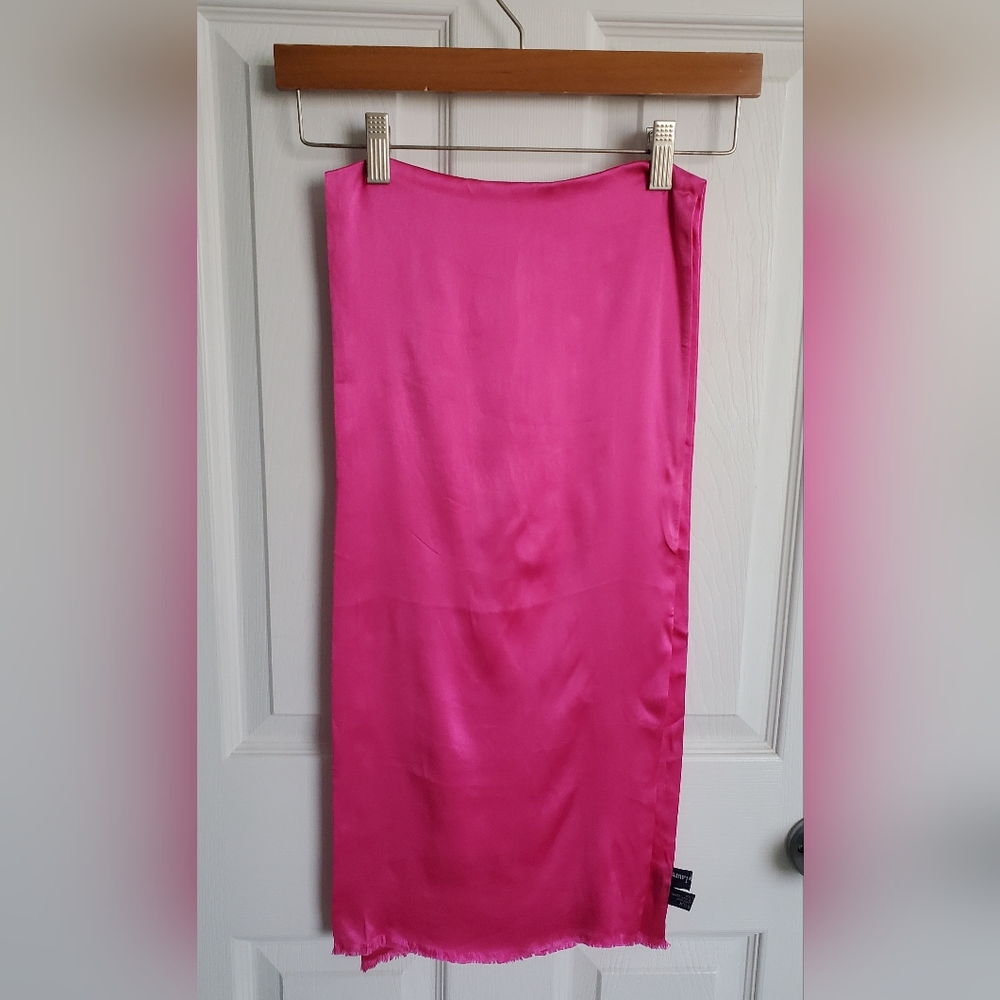 Ralph Lauren Vintage 100% Silk Rectangular 53"x12" Scarf Bright Pink Fringe Edge